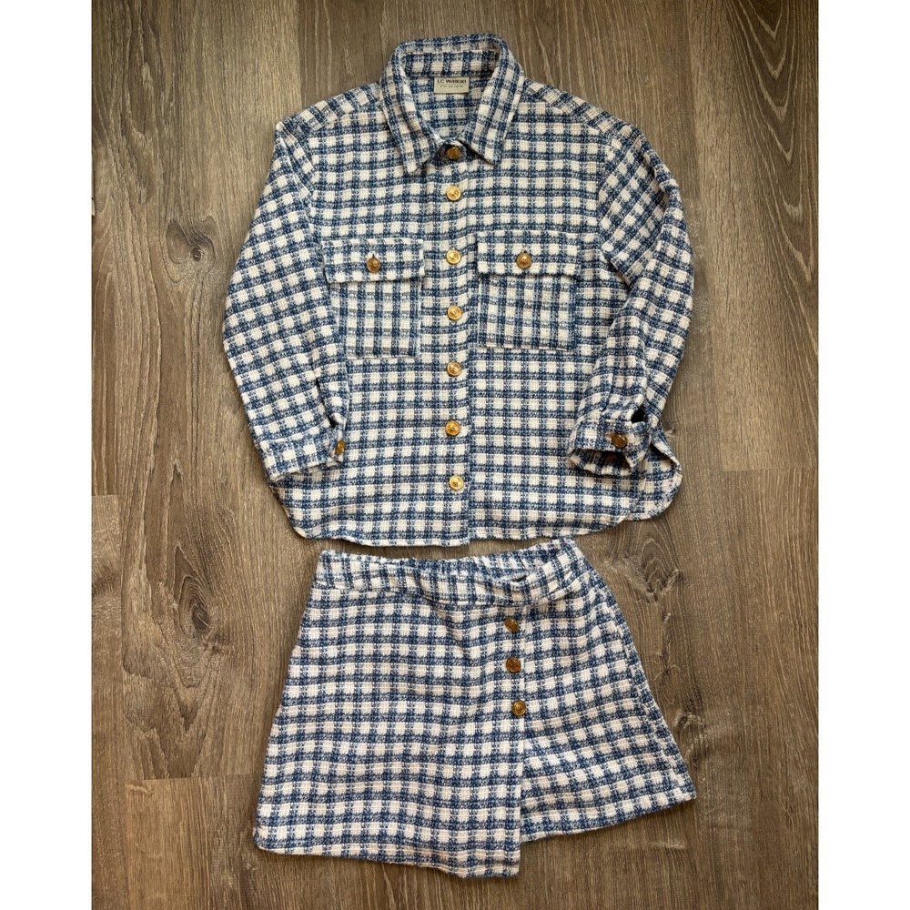 LC WAIKIKI Girl's Tweed‎ Long Sleeve Blouse Skort Skirt Set Blue White Size 8/9